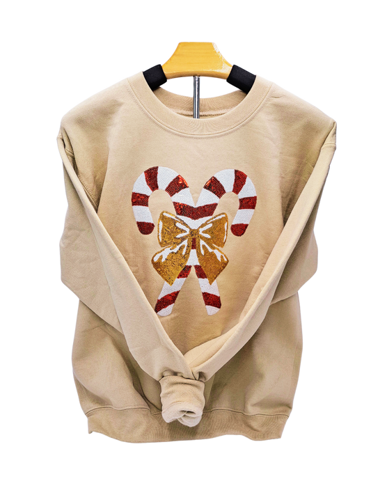 QG-Tan Candy Cane Sequin Sweatshirt