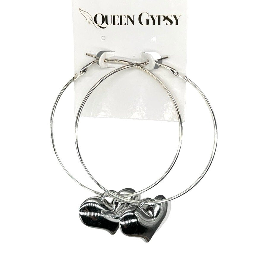 Dangle bubble Heart Hoops -silver