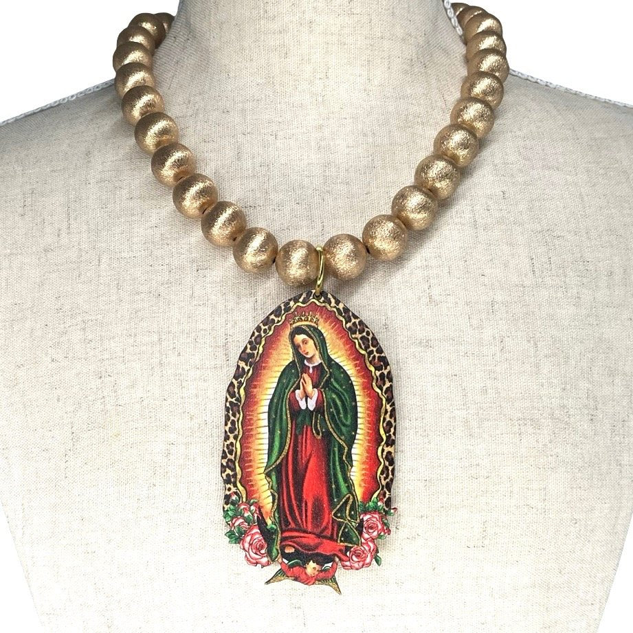 Guadalupe on Gold Bead Necklace