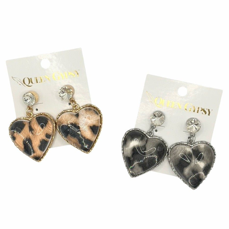 Lucite Leopard bubble heart earrings