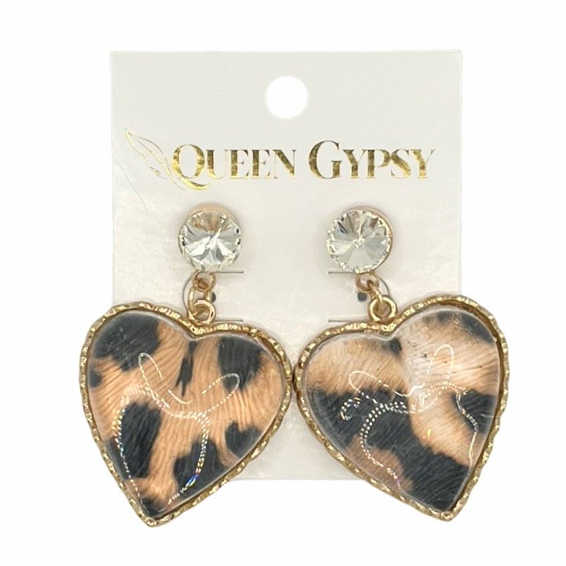 Lucite Leopard bubble heart earrings