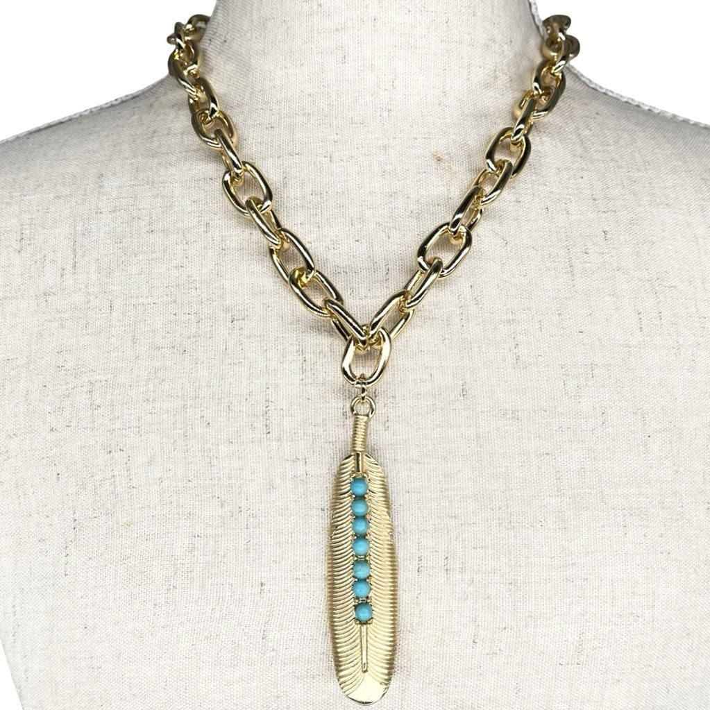 Gold Turq stone Feather necklace