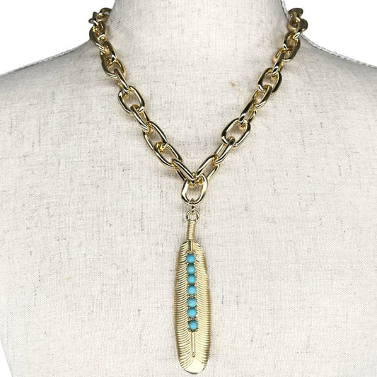 Gold Turq stone Feather necklace