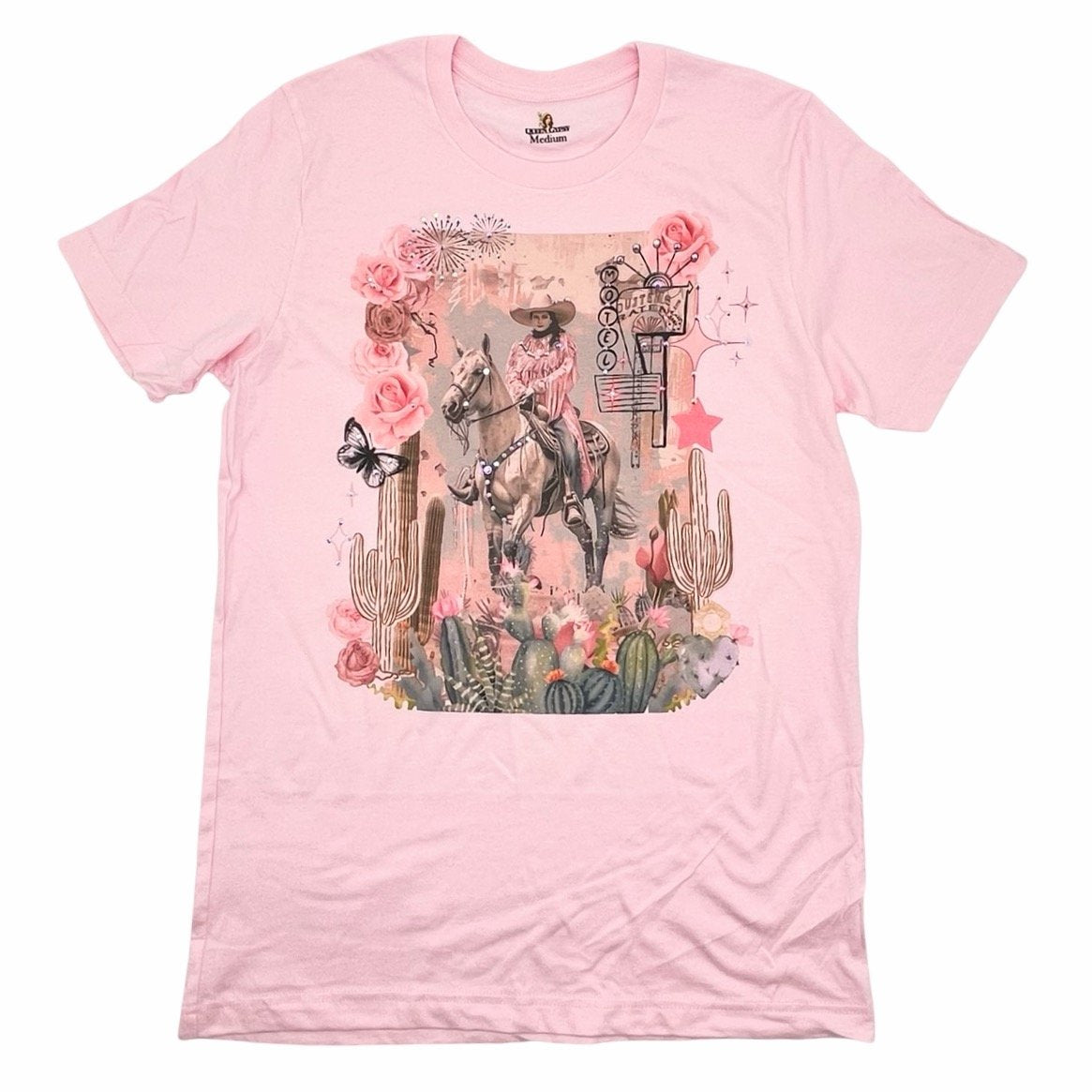 Motel Cowgirl T-Shirt on Pink with Crystals