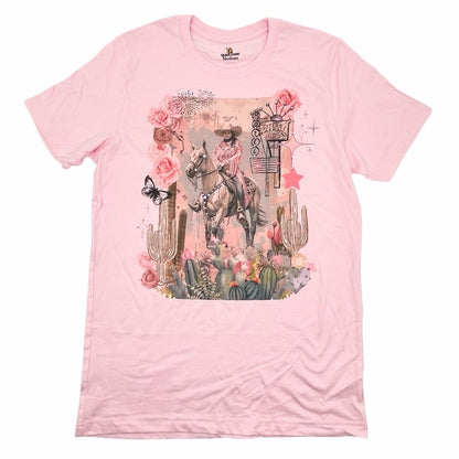 Motel Cowgirl T-Shirt on Pink with Crystals