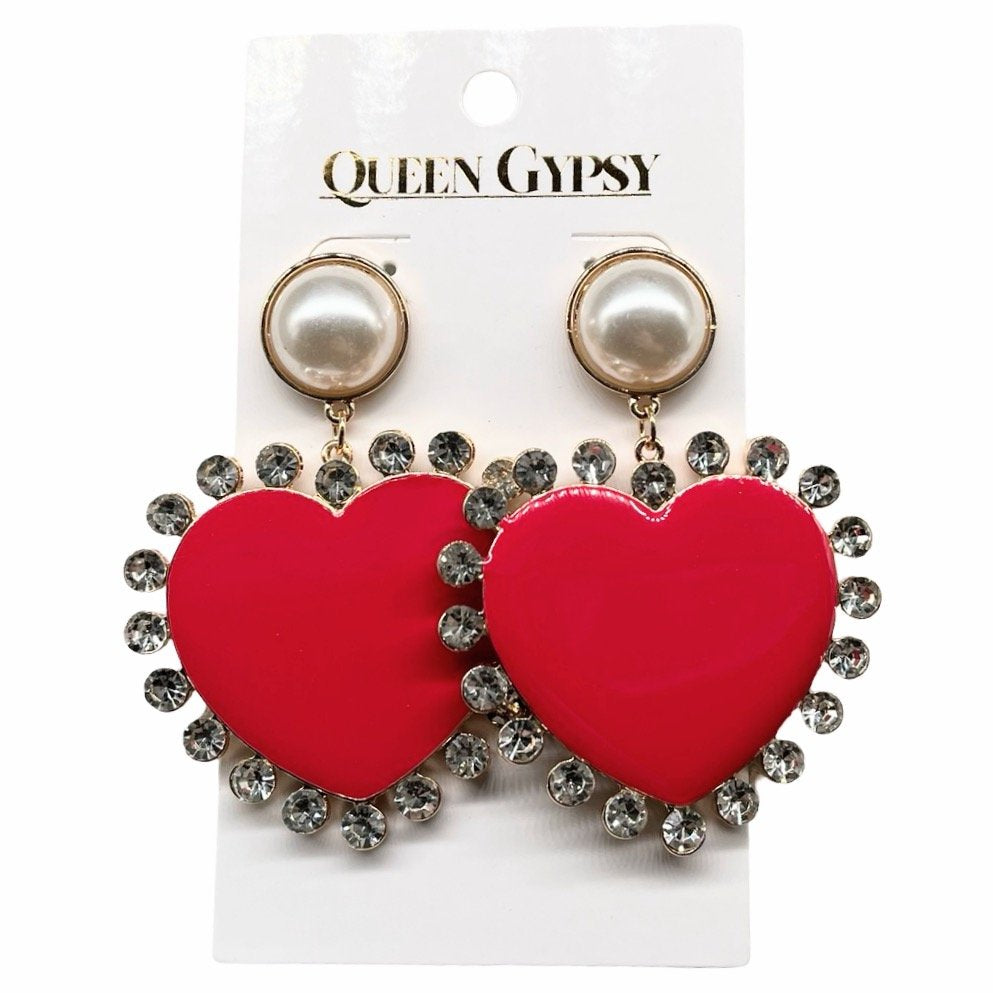 Enamel Pearl Heart Earrings