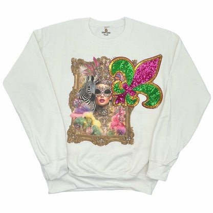Mardi Gras Queen Sequin patch Sweatshirt on white with Crystals