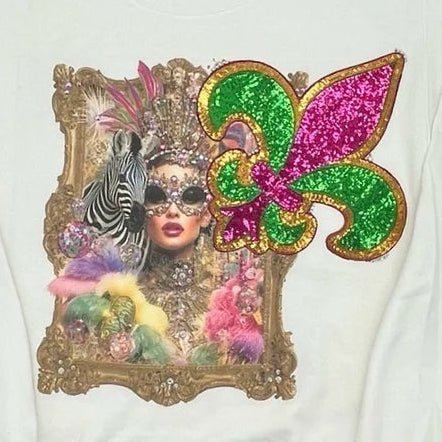 Mardi Gras Queen Sequin patch Sweatshirt on white with Crystals