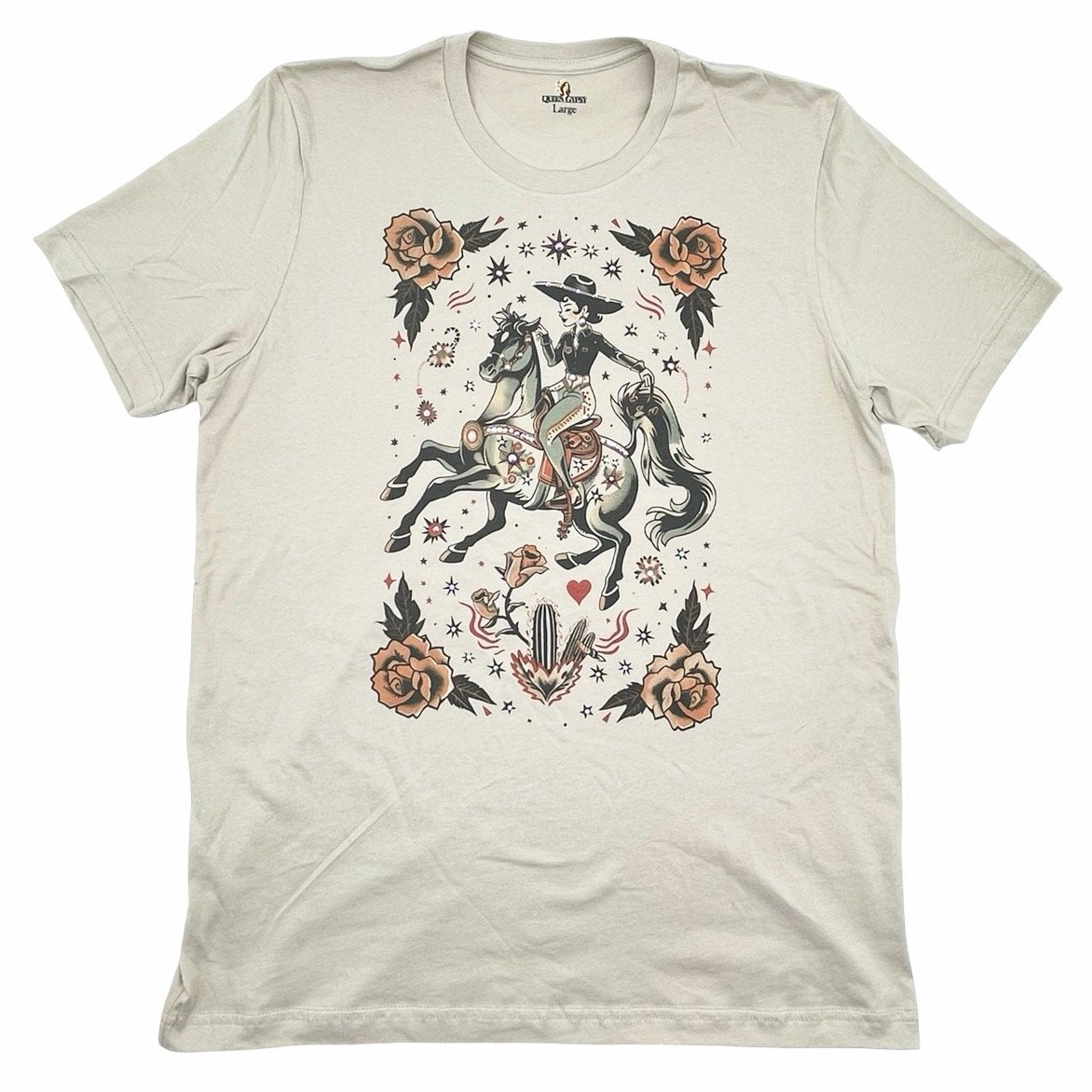 Vaquera Tattoo T-shirt on Natural with Crystals